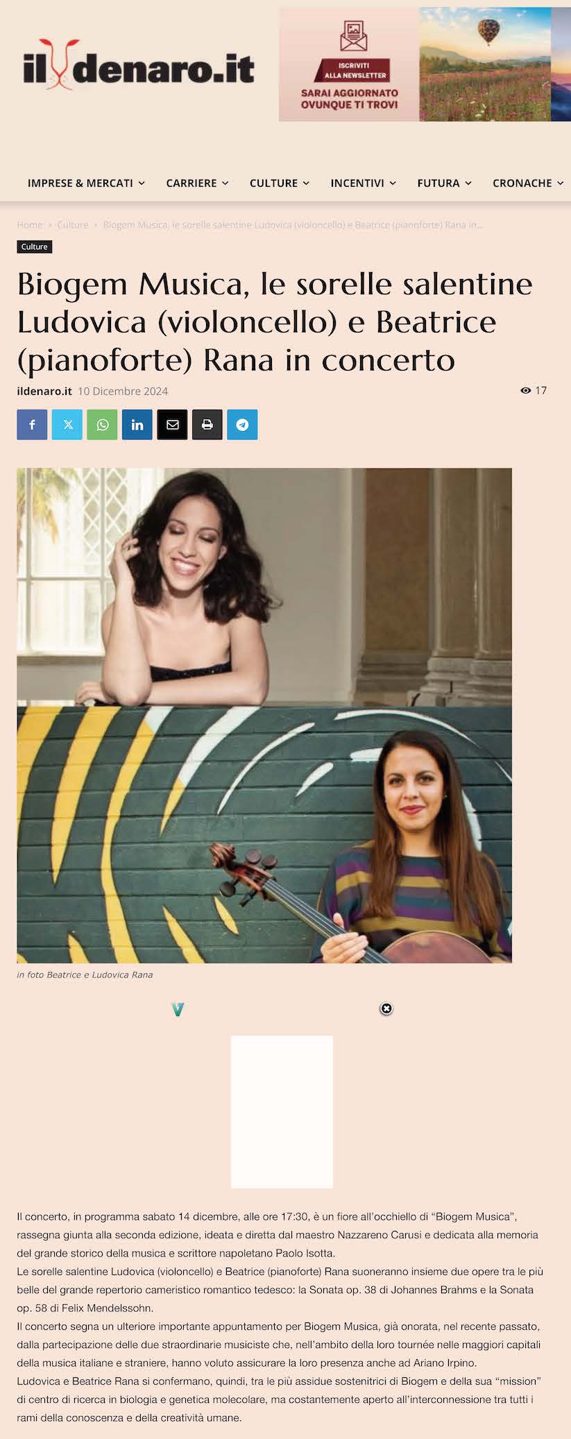 Biogem Musica, le sorelle salentine Ludovica (violoncello) e Beatrice (pianoforte) Rana in concerto